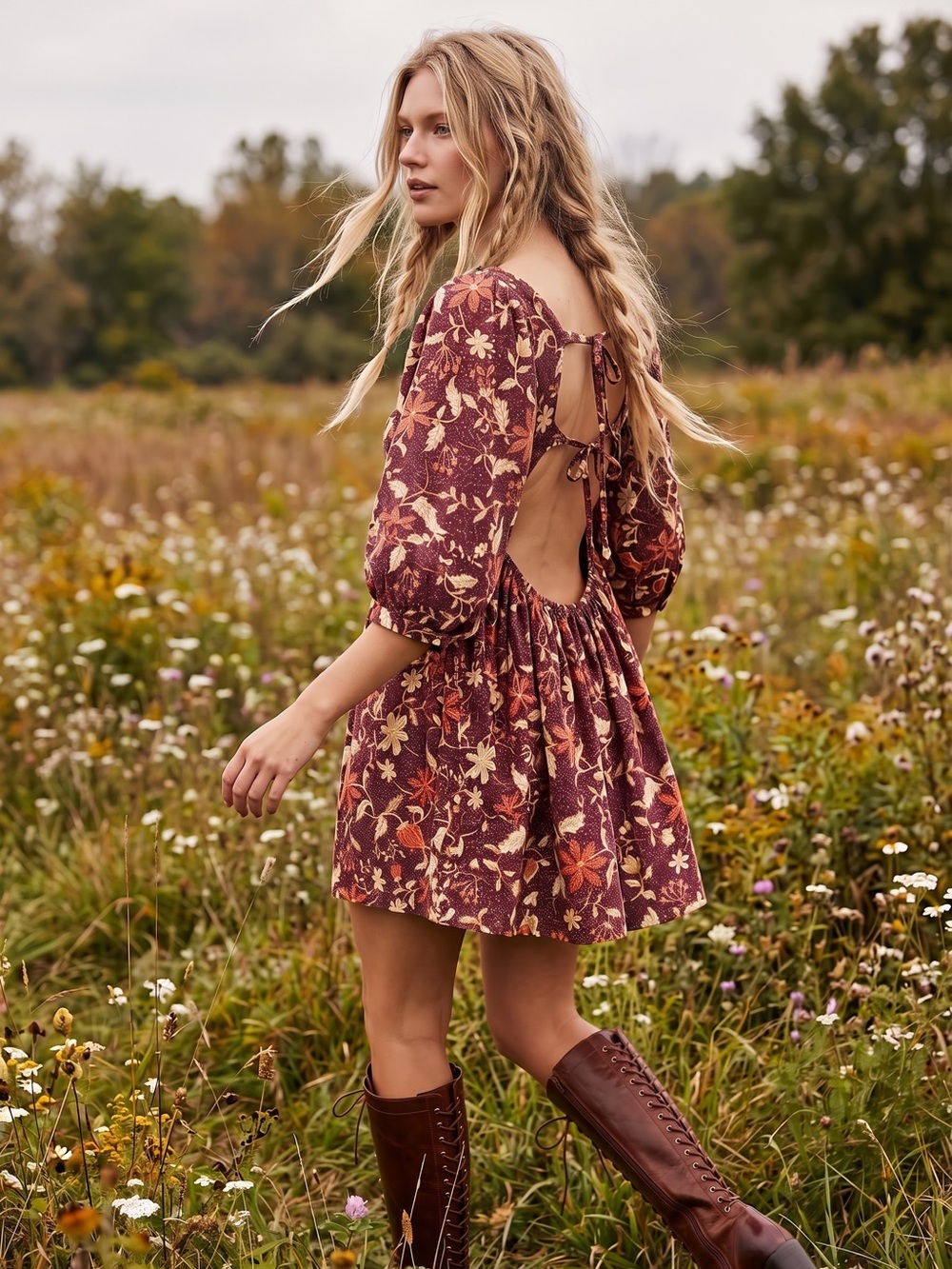 Free People Western Bohemian Dainty Lola Mini Dress Mocha Combo Medium Floral